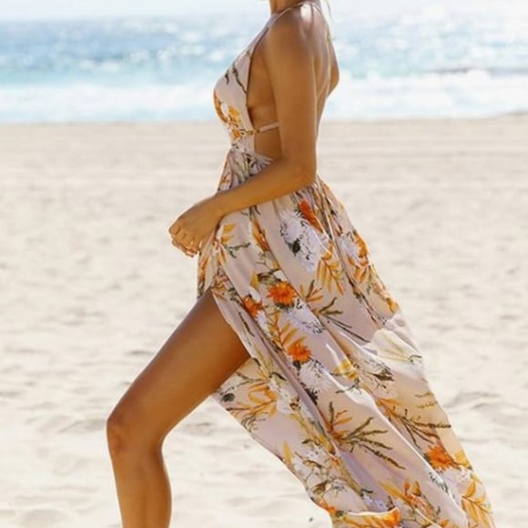 NWOT BerryGo Women's Sexy Deep V Neck Backless Floral Print Split Maxi Dress - Picture 2 of 13